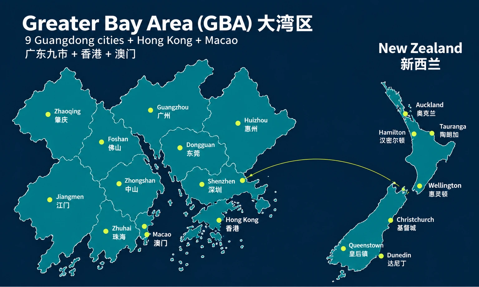 Illustrative bilingual map linking the Greater Bay Area and New Zealand