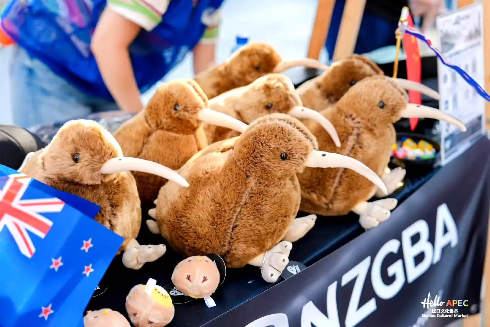 Plush kiwi birds and New Zealand flags on the NZGBA stall