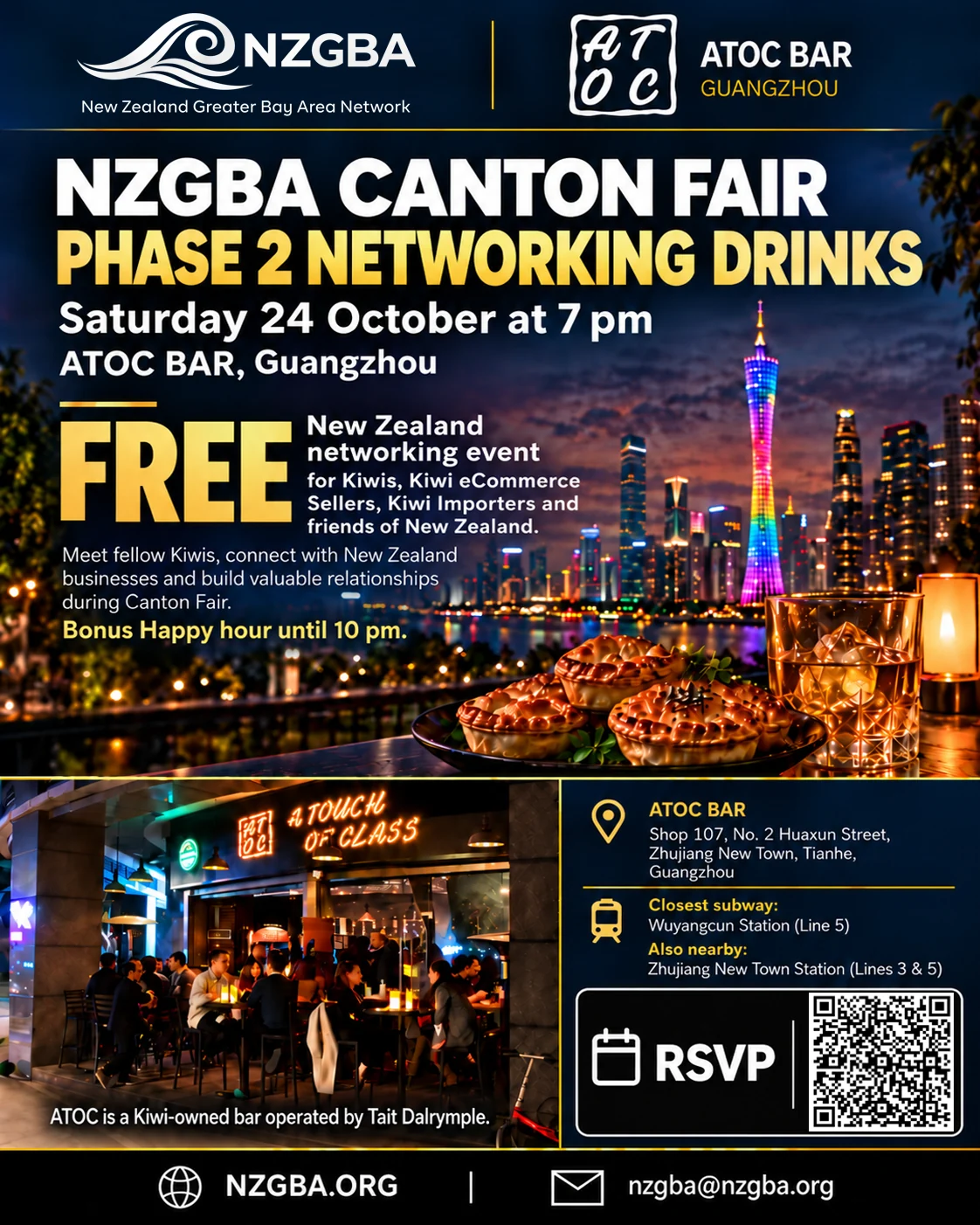 Full NZGBA Canton Fair Phase 2 Networking Drinks poster showing the 24 October event at ATOC Bar, Guangzhou, venue directions and the RSVP QR code.
